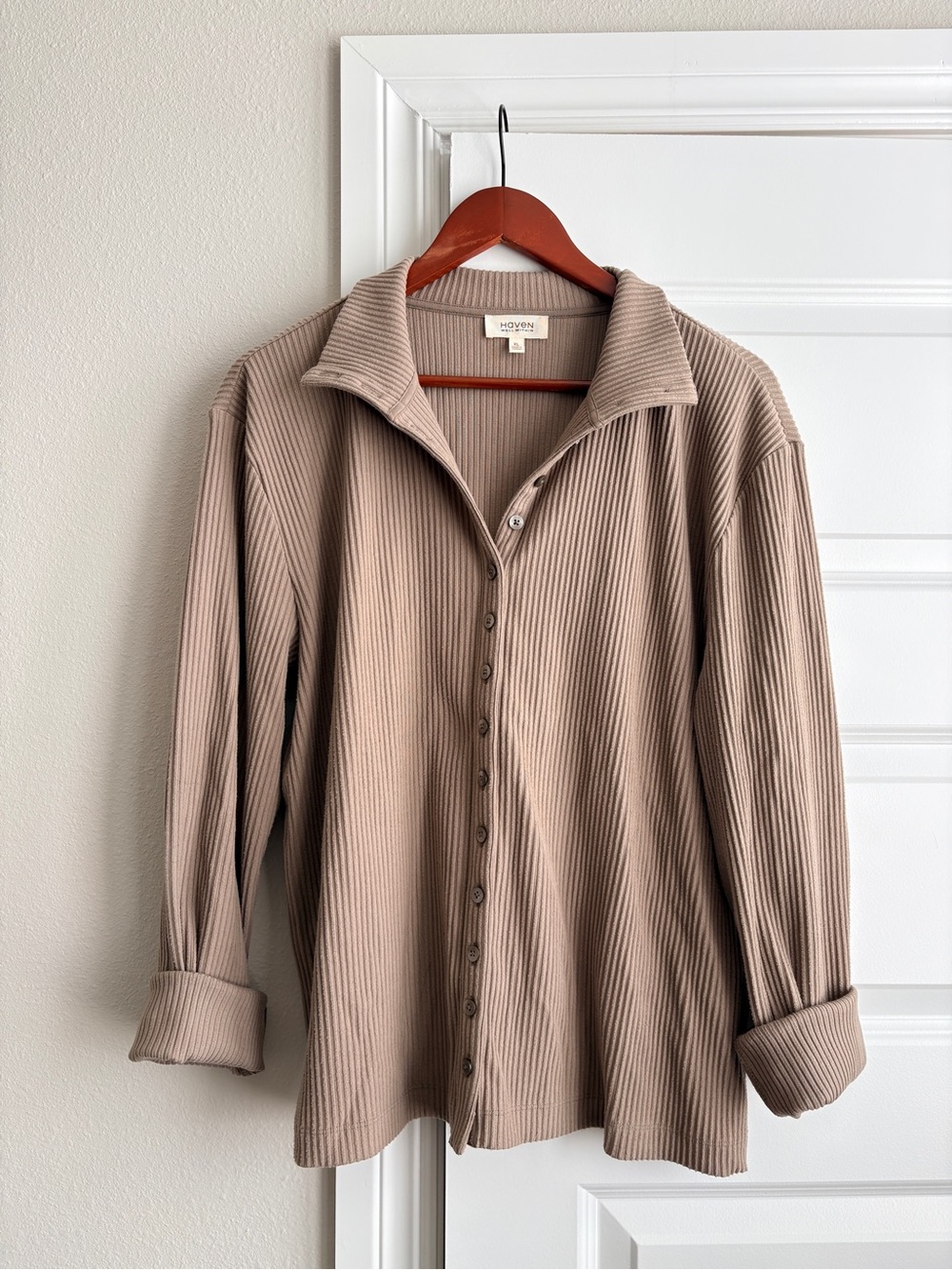Haven Well With XL Ribbed Button-Down Shirt Jacket - Taupe Tan